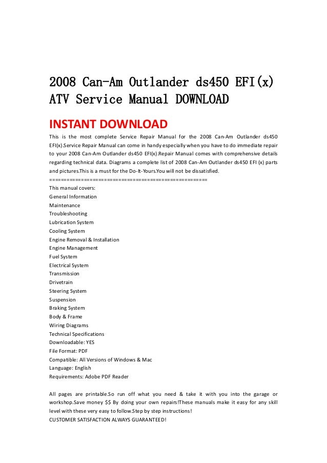 2008 can am outlander ds450 efi(x) atv service manual download Yfz 450R Wiring Diagram 2008 can am outlander ds450 efi(x)atv service manual downloadinstant download this